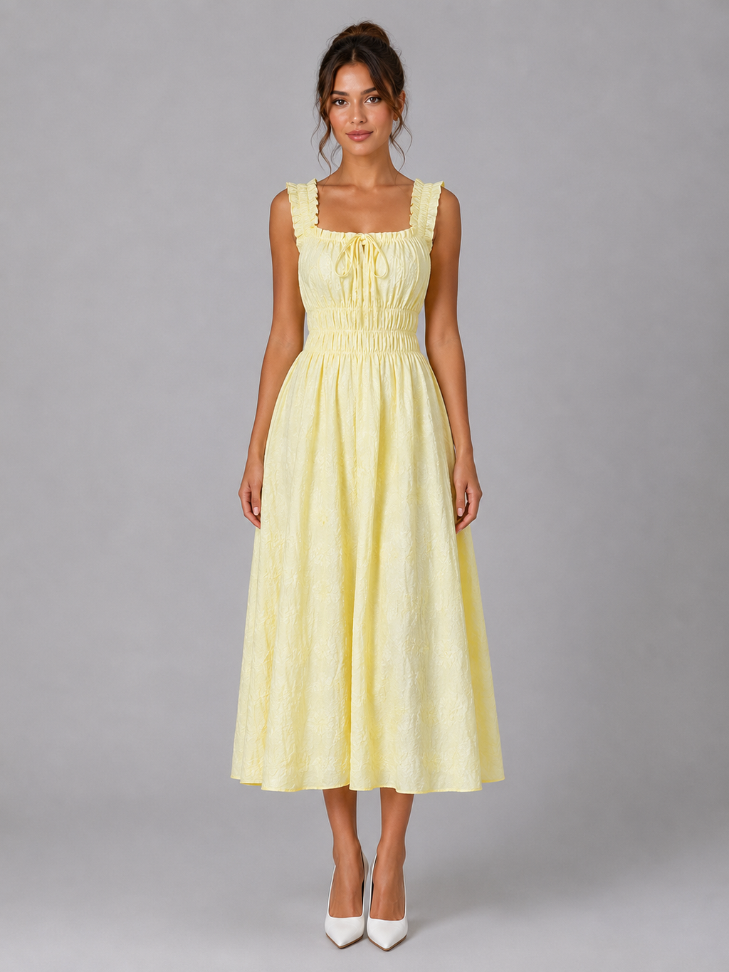 Women’s Textured Floral Midi Dress – Shirred Waist & Ruffle Detail