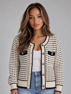 Women’s Textured Knit Cardigan – Button Front Contrast Trim Jumper