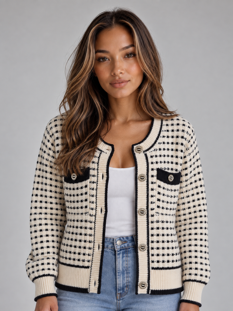 Women’s Textured Knit Cardigan – Button Front Contrast Trim Jumper