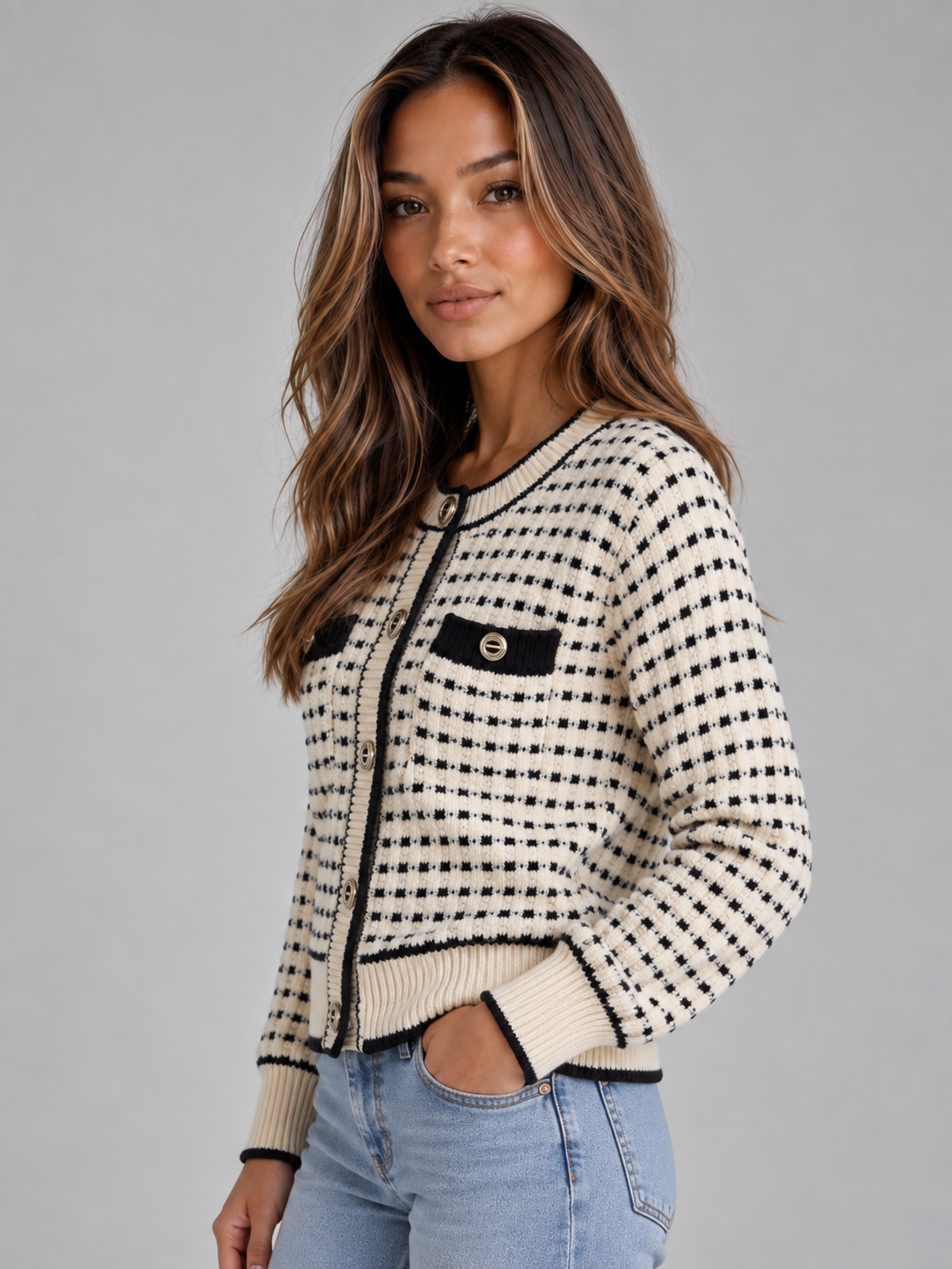 Women’s Textured Knit Cardigan – Button Front Contrast Trim Jumper