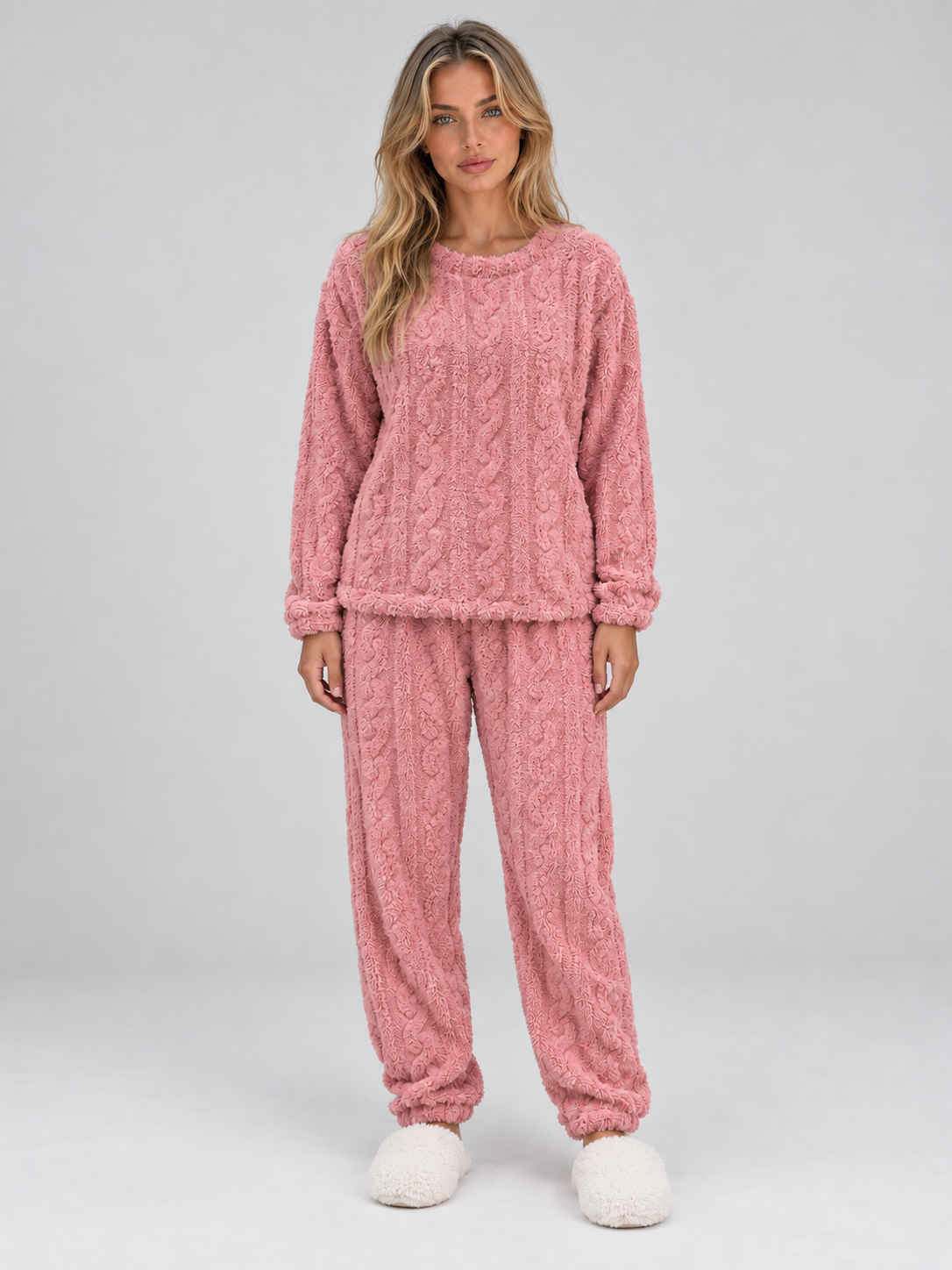 Women’s Thermal Fleece Pyjama Set – Cable Knit Textured Top & Trousers