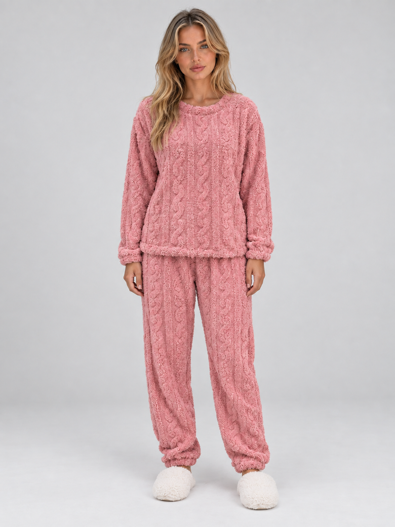 Women’s Thermal Fleece Pyjama Set – Cable Knit Textured Top & Trousers
