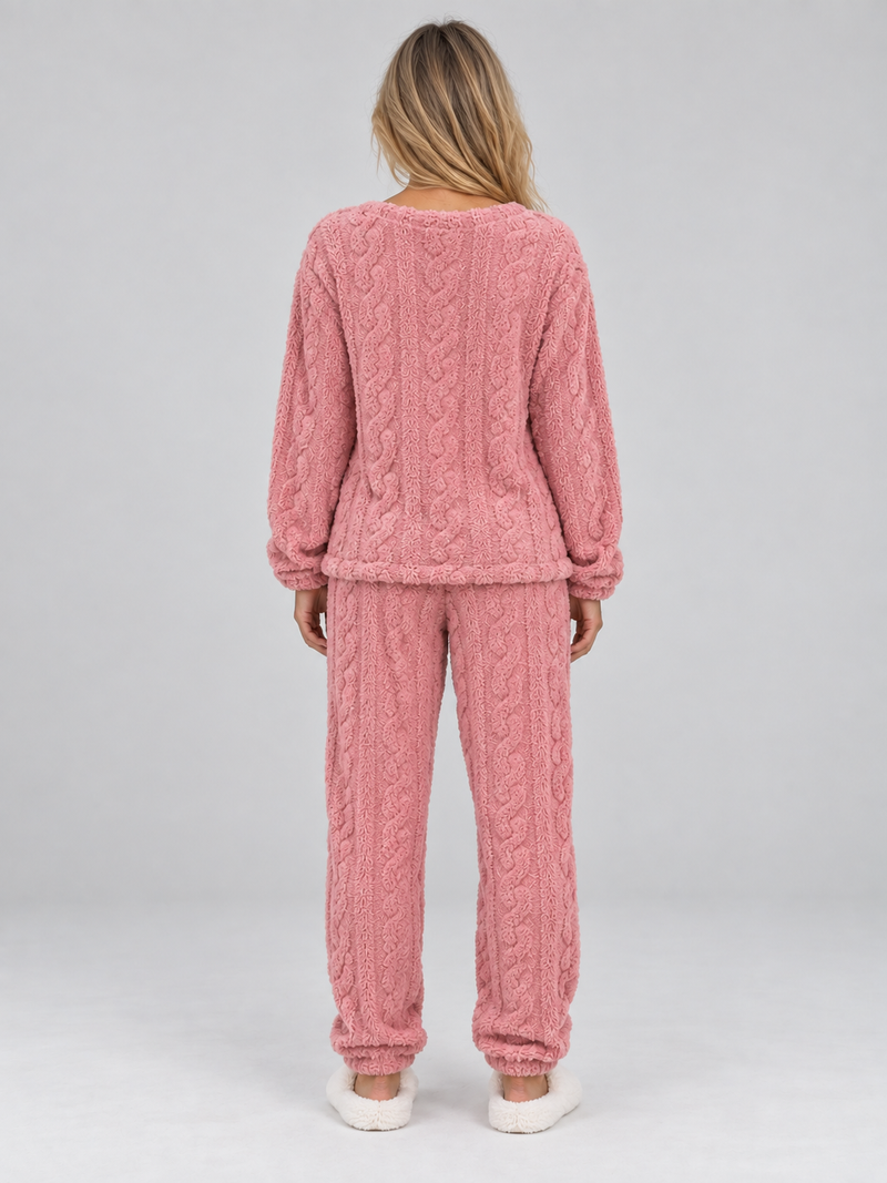 Women’s Thermal Fleece Pyjama Set – Cable Knit Textured Top & Trousers