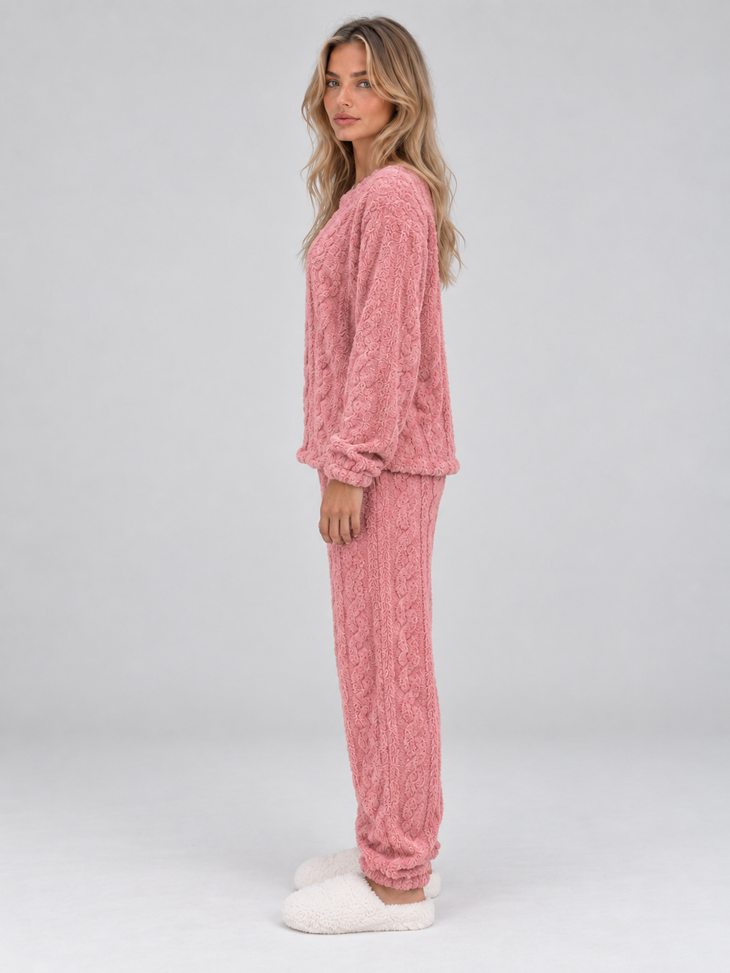Women’s Thermal Fleece Pyjama Set – Cable Knit Textured Top & Trousers