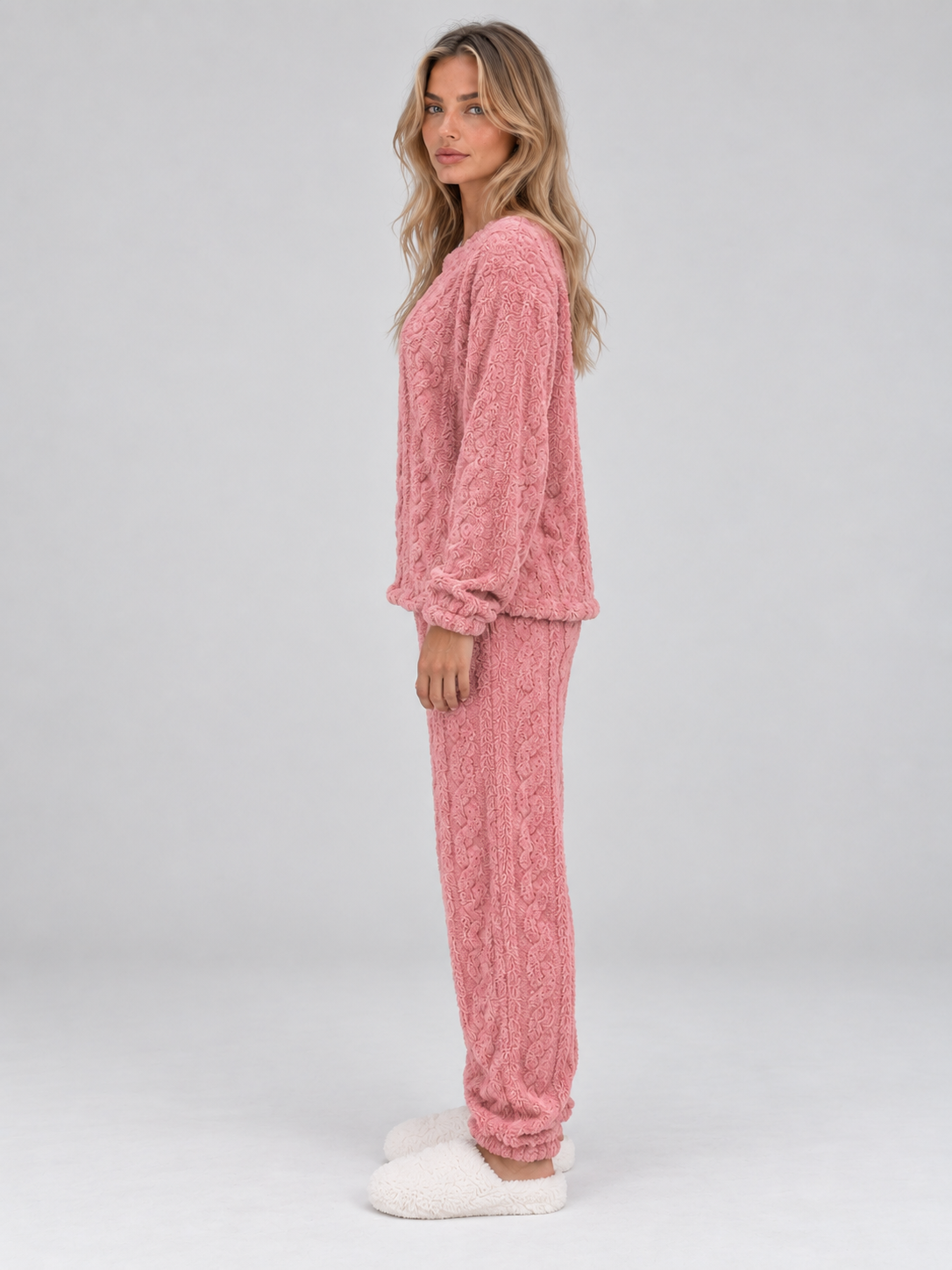 Women’s Thermal Fleece Pyjama Set – Cable Knit Textured Top & Trousers
