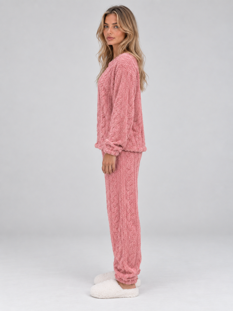 Women’s Thermal Fleece Pyjama Set – Cable Knit Textured Top & Trousers