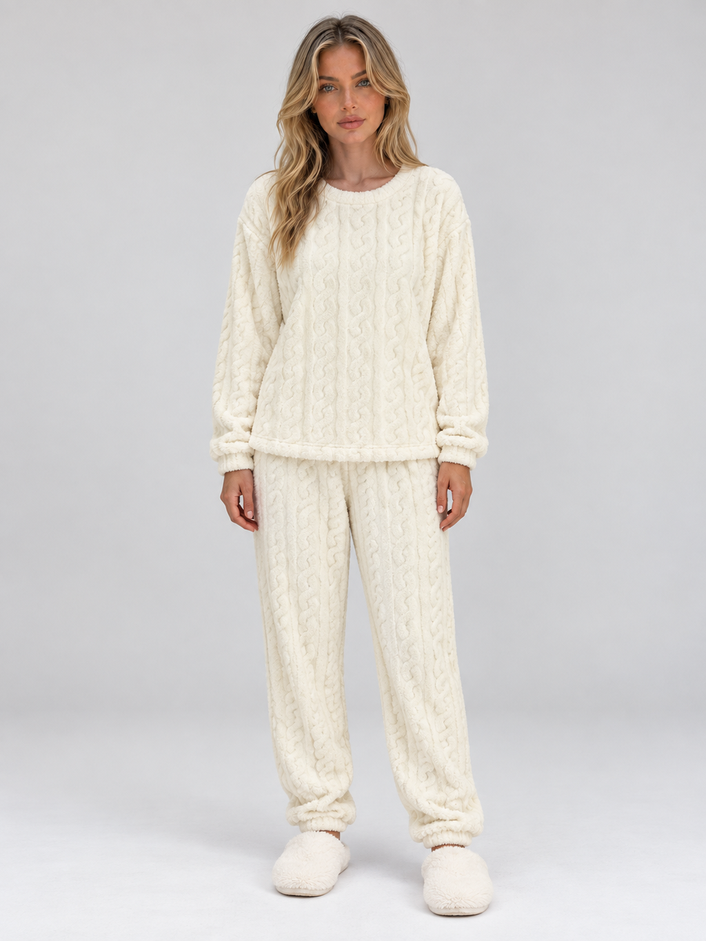 Women’s Thermal Fleece Pyjama Set – Cable Knit Textured Top & Trousers