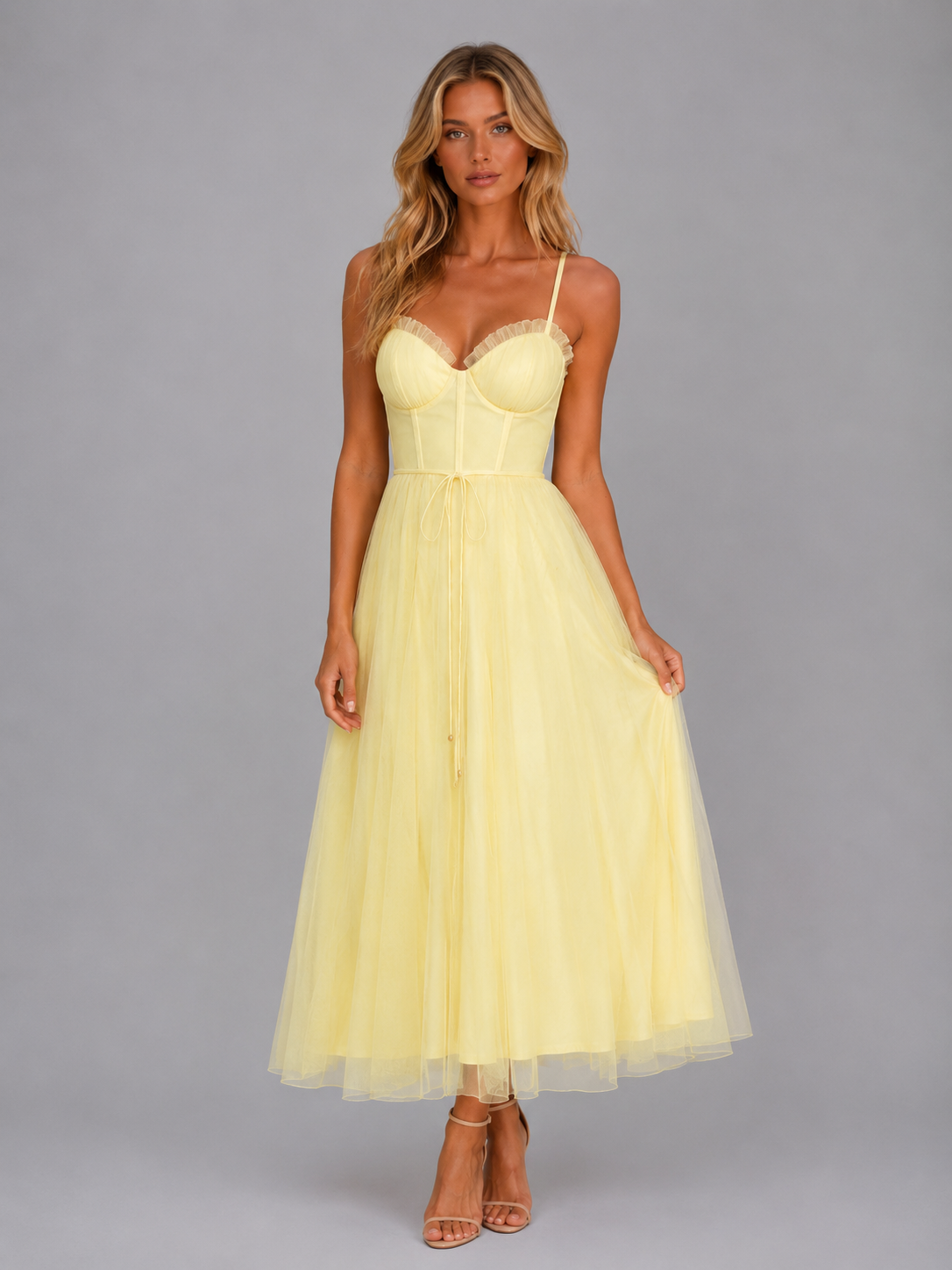 Women's Tulle Corset Midi Dress – Tie Waist & Sculpted Silhouette