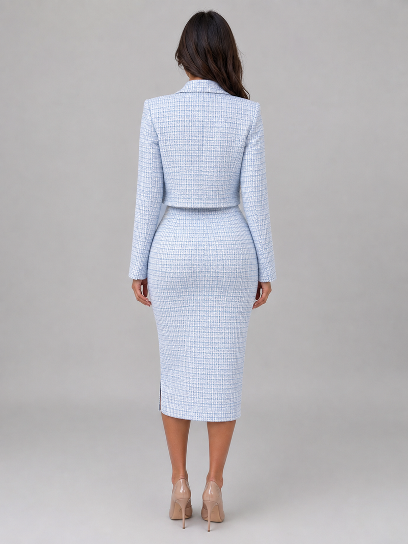 Women’s Tweed Midi Dress & Cropped Blazer Two-Piece Outfit Set