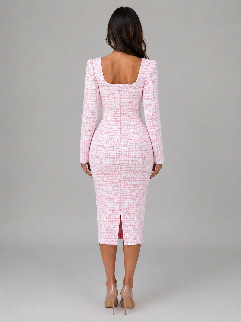 Women’s Tweed Midi Dress & Cropped Blazer Two-Piece Outfit Set