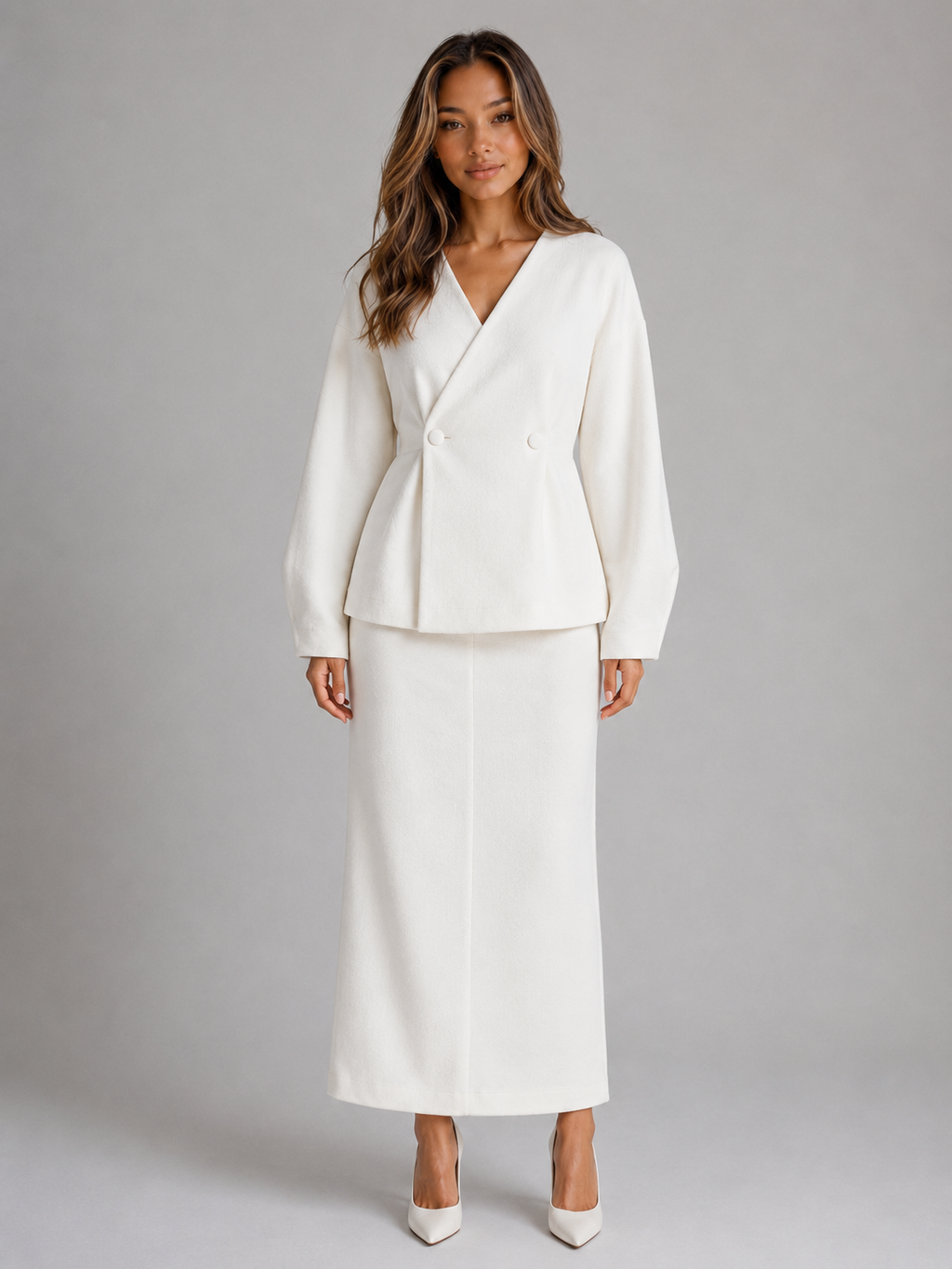 Women’s Two-Piece Skirt Suit – V-Neck Peplum Jacket & Maxi Pencil Skirt Set