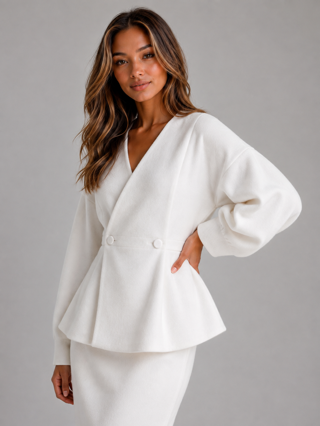 Women’s Two-Piece Skirt Suit – V-Neck Peplum Jacket & Maxi Pencil Skirt Set
