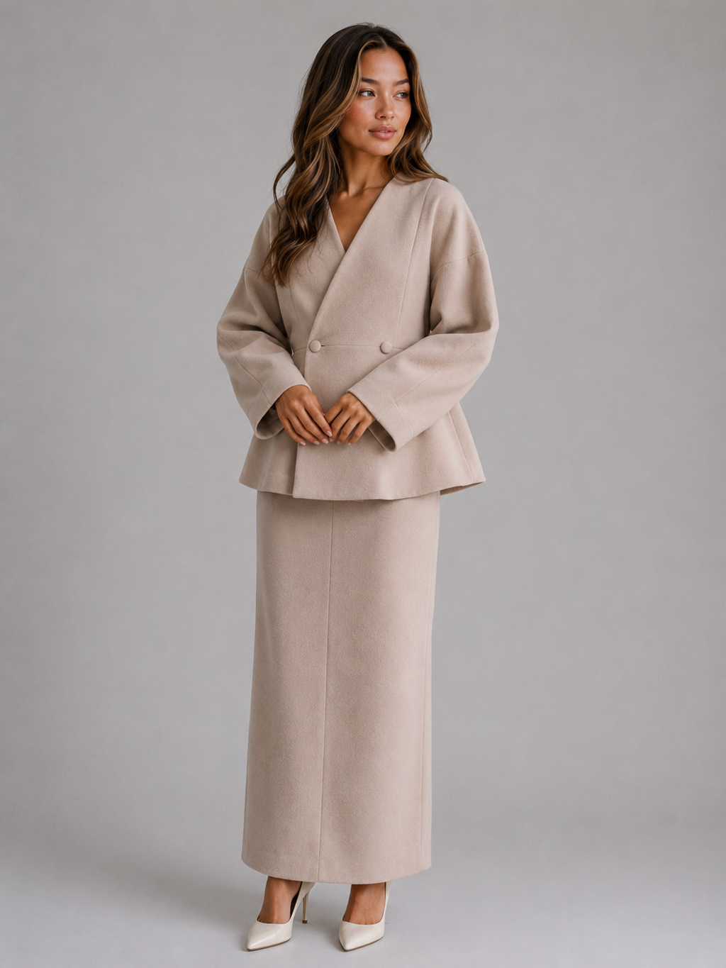 Women’s Two-Piece Skirt Suit – V-Neck Peplum Jacket & Maxi Pencil Skirt Set