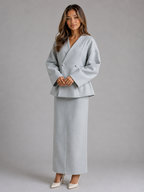 Women’s Two-Piece Skirt Suit – V-Neck Peplum Jacket & Maxi Pencil Skirt Set