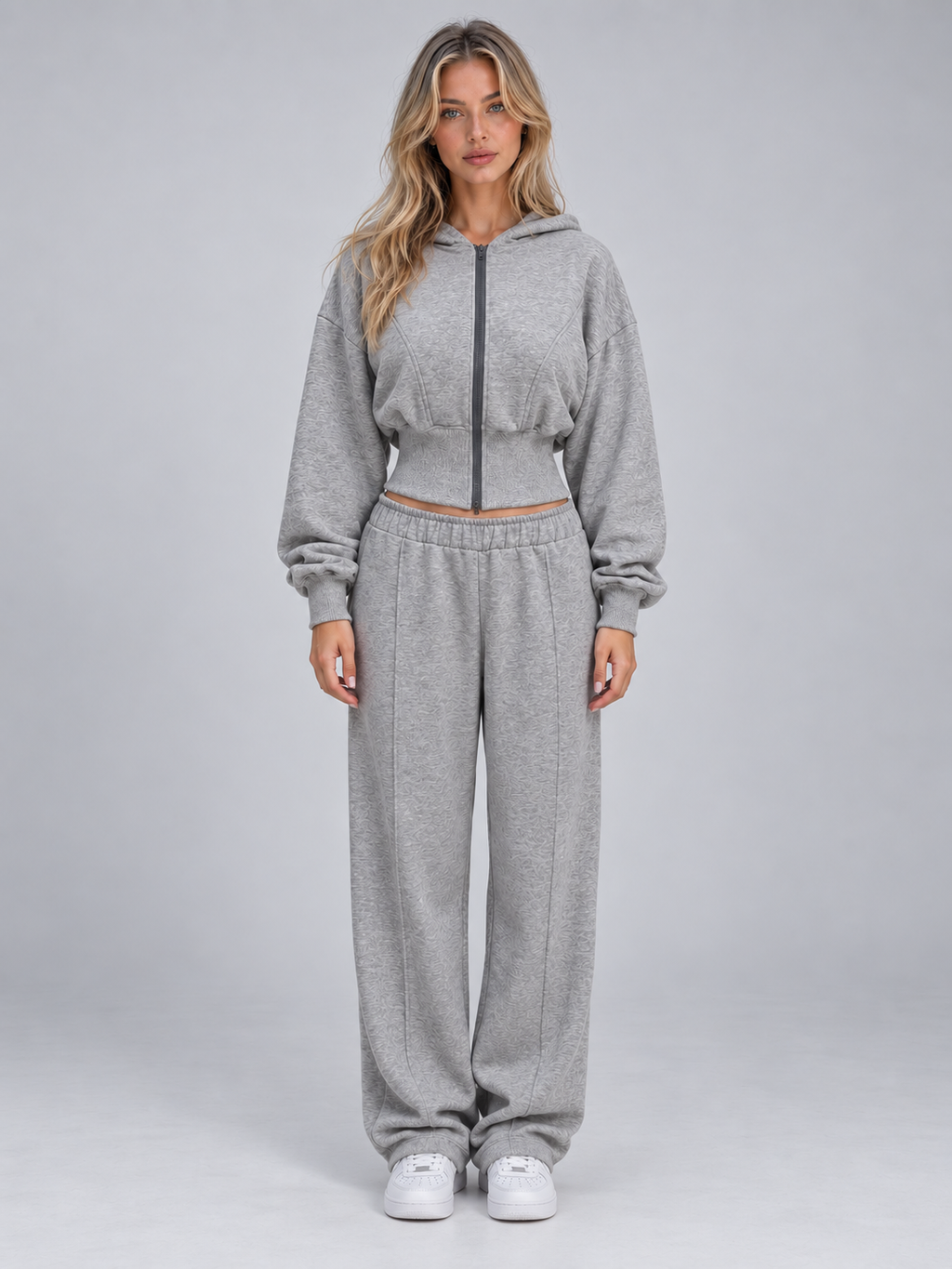 Women’s Two-Piece Tracksuit – Cinched Waist Zip Hoodie & Wide Leg Joggers