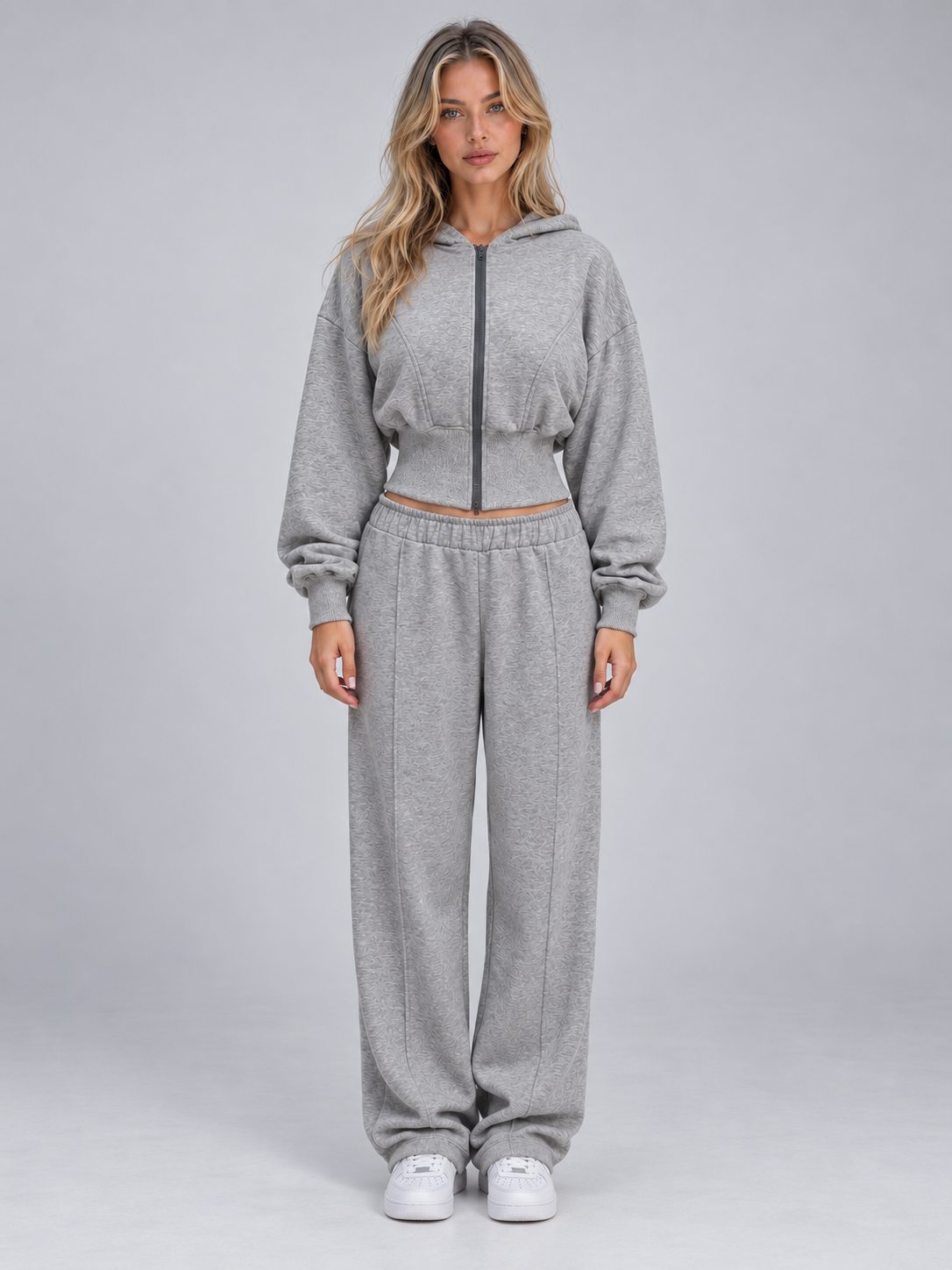 Women’s Two-Piece Tracksuit – Cinched Waist Zip Hoodie & Wide Leg Joggers