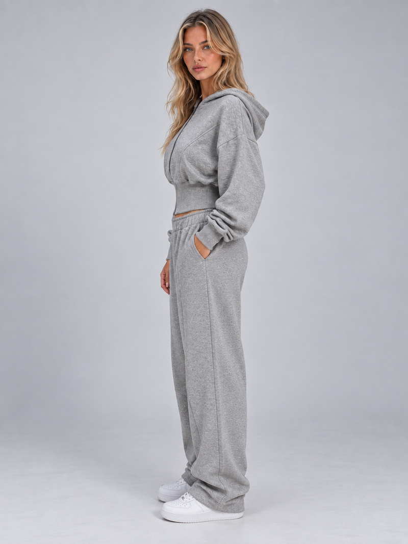 Women’s Two-Piece Tracksuit – Cinched Waist Zip Hoodie & Wide Leg Joggers