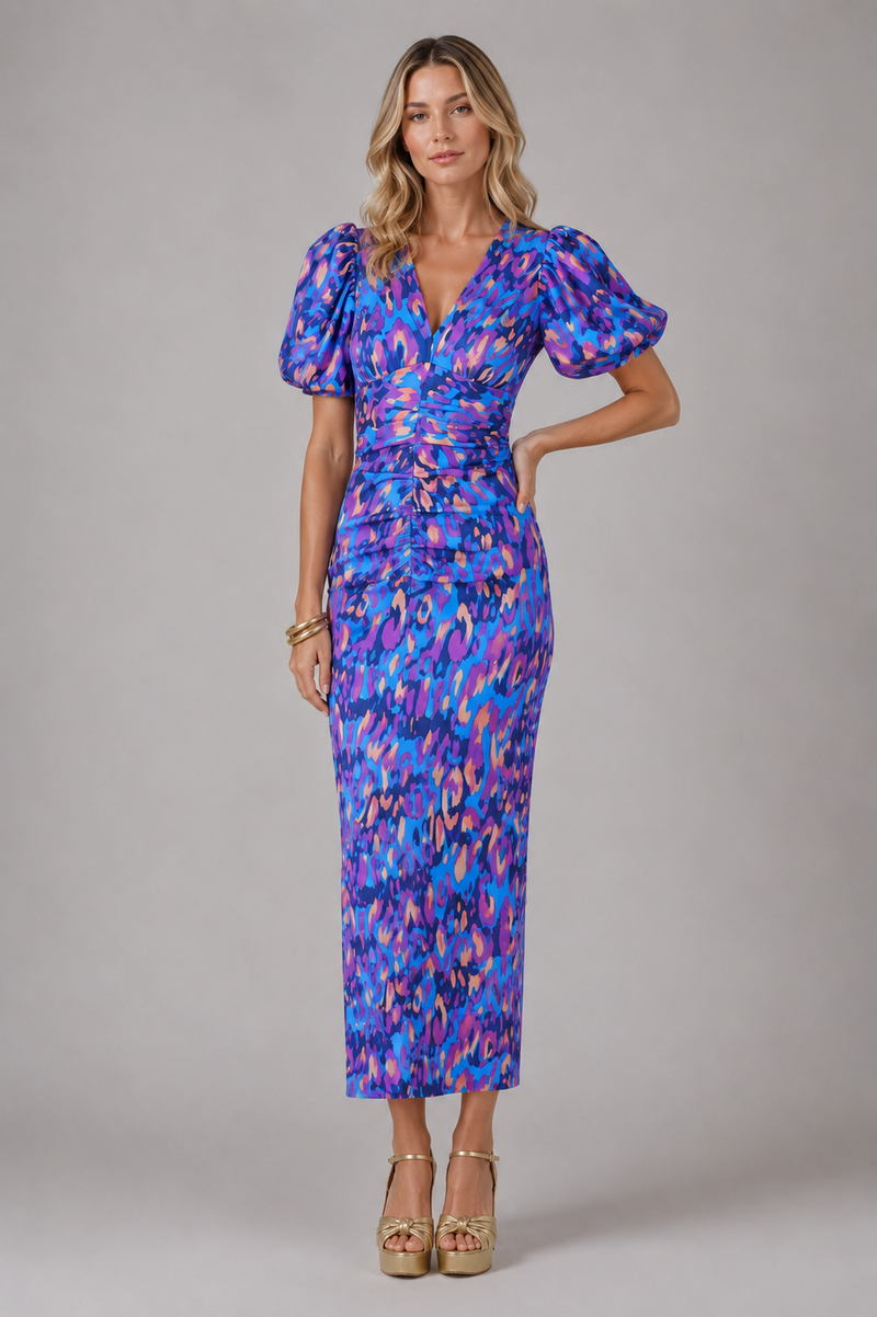 Women’s V-Neck Puff Sleeve Midi Dress –  Summer Occasion Style