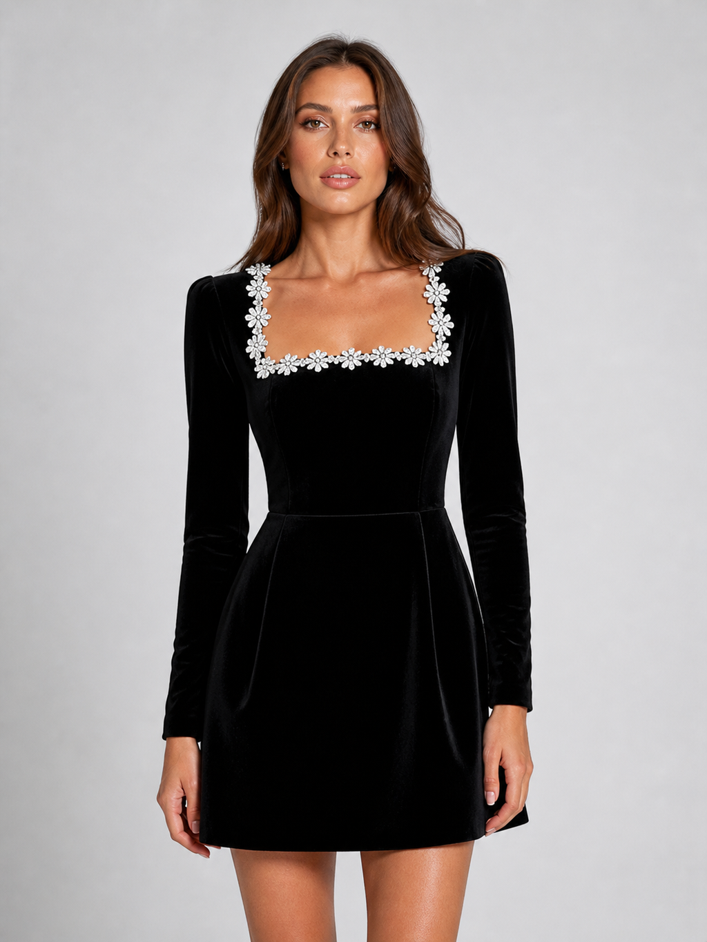 Women’s Velvet Crystal Neckline Maxi Dress – Elegant Evening Silhouette