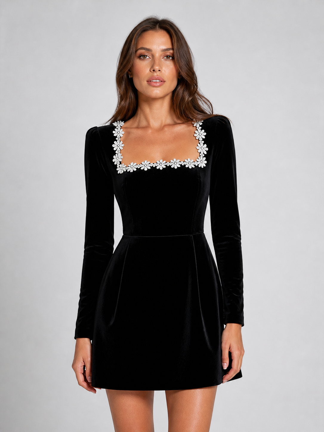 Women’s Velvet Crystal Neckline Maxi Dress – Elegant Evening Silhouette