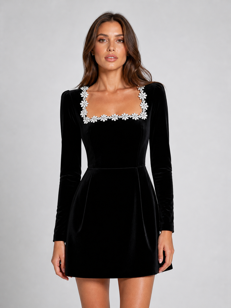 Women’s Velvet Crystal Neckline Maxi Dress – Elegant Evening Silhouette