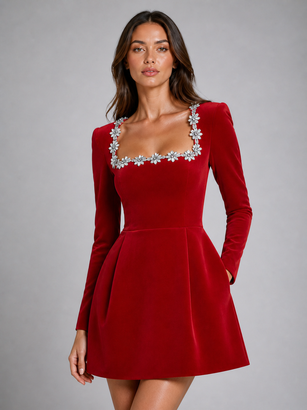 Women’s Velvet Crystal Neckline Maxi Dress – Elegant Evening Silhouette