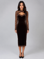 Women’s Velvet Lace Midi Dress – Long Sleeve Cut-Out Evening Dress