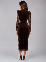 Women’s Velvet Lace Midi Dress – Long Sleeve Cut-Out Evening Dress