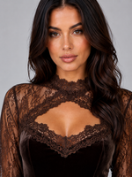 Women’s Velvet Lace Midi Dress – Long Sleeve Cut-Out Evening Dress
