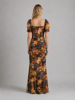 Women's Vintage Floral Mesh Maxi Dress – Ruched Slit Silhouette