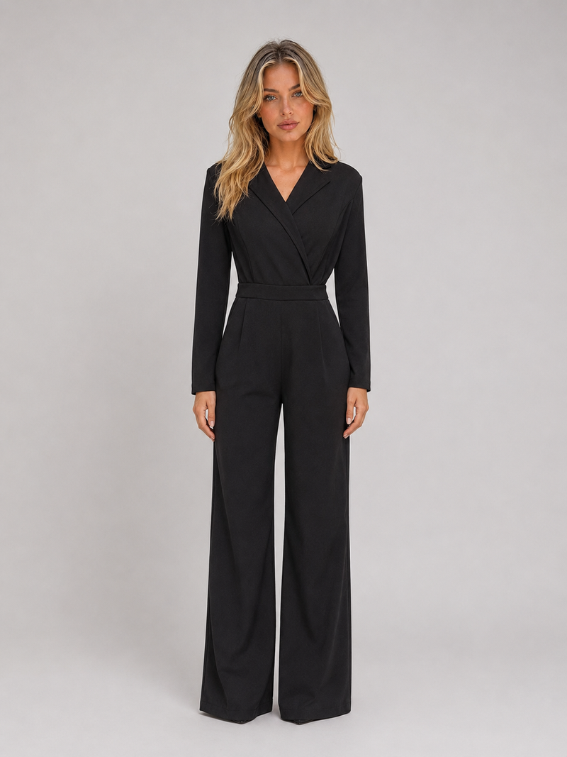 Women’s Wide Leg Jumpsuit – Wrap Front Belted Tailored Suit