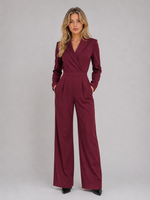 Women’s Wide Leg Jumpsuit – Wrap Front Belted Tailored Suit