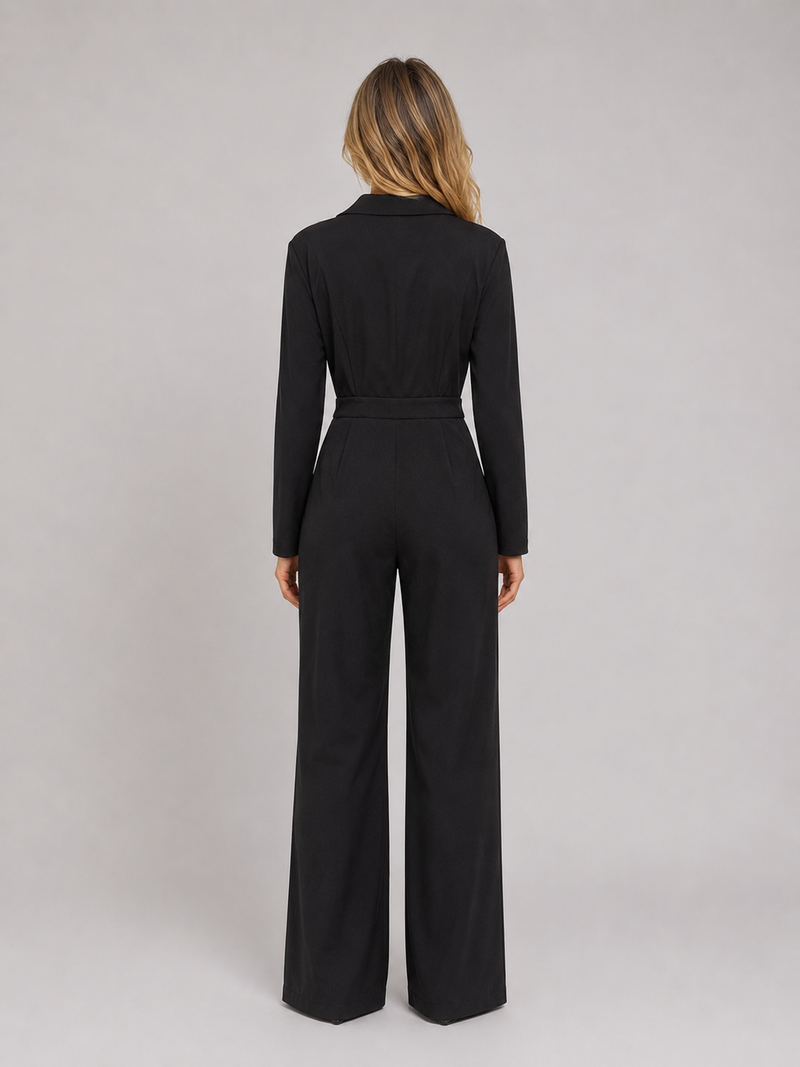 Women’s Wide Leg Jumpsuit – Wrap Front Belted Tailored Suit