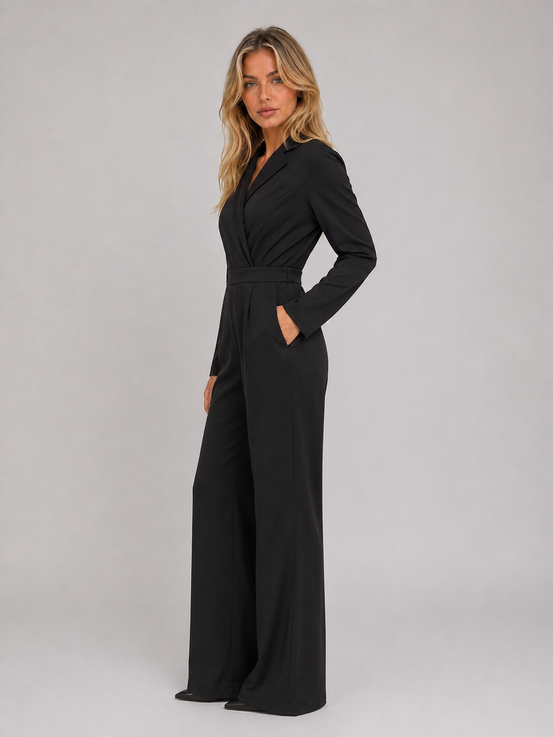 Women’s Wide Leg Jumpsuit – Wrap Front Belted Tailored Suit