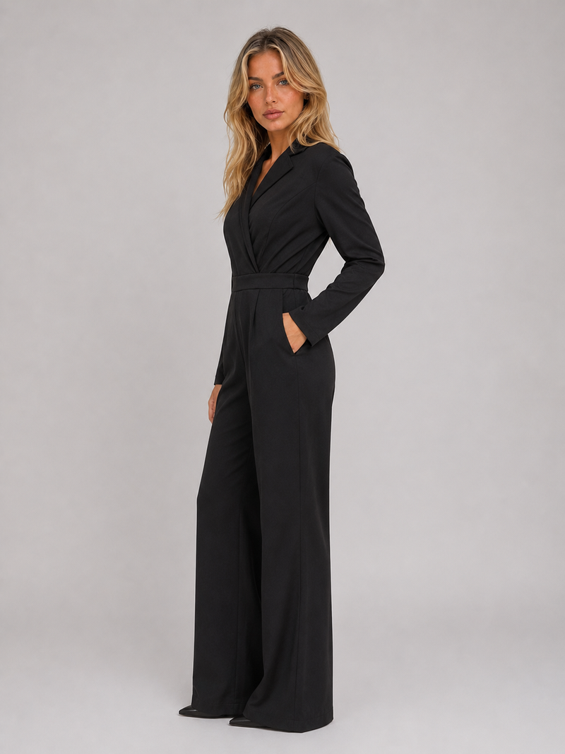 Women’s Wide Leg Jumpsuit – Wrap Front Belted Tailored Suit
