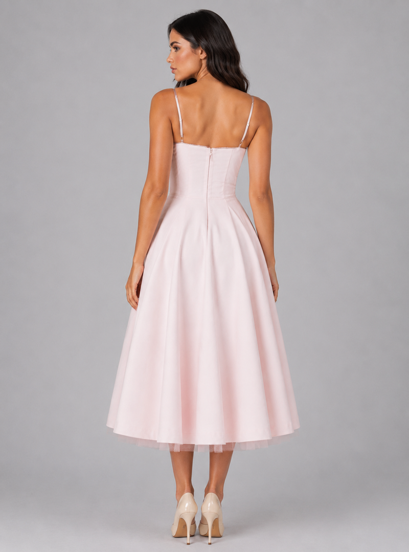 Women’s Corset Midi Dress with Full Skirt – Elegant Occasion Style