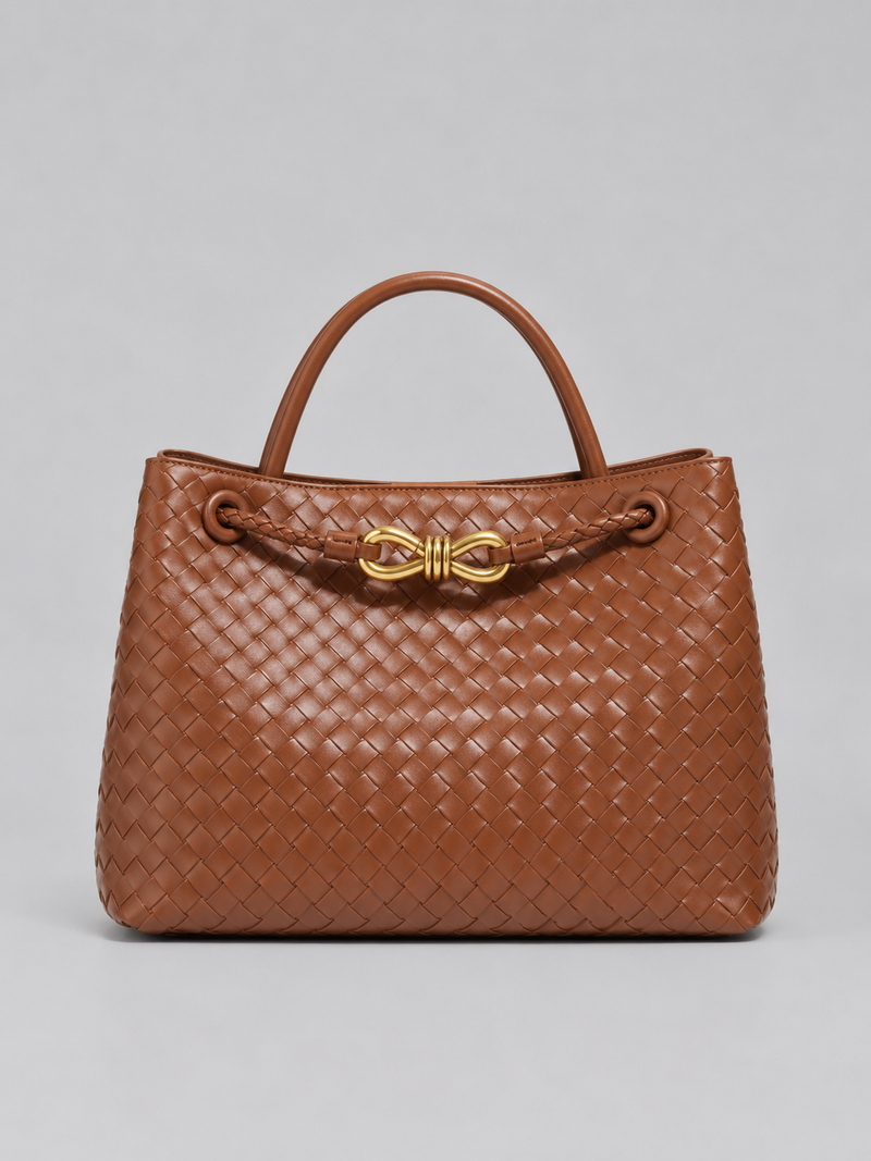 Women’s Woven Vegan Leather Handbag – Gold Detail Tote Bag