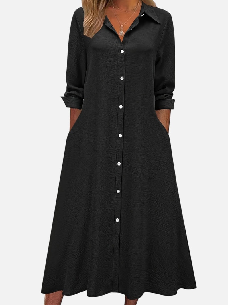 Women’s Button Front Midi Shirt Dress – Relaxed Fit