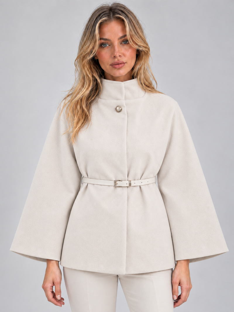 Women’s Belted Cape Jacket – High Neck Flared Sleeve Coat