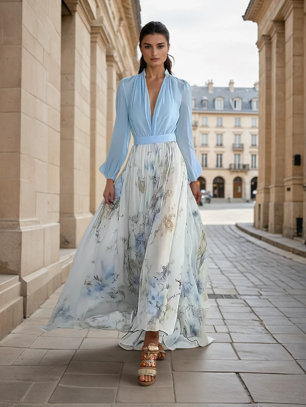 Women's Floral Maxi Dress – Flowing V-Neck Fit