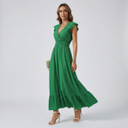 Women’s V-Neck Midi Dress – Shirred Waist Elegant Summer Fit