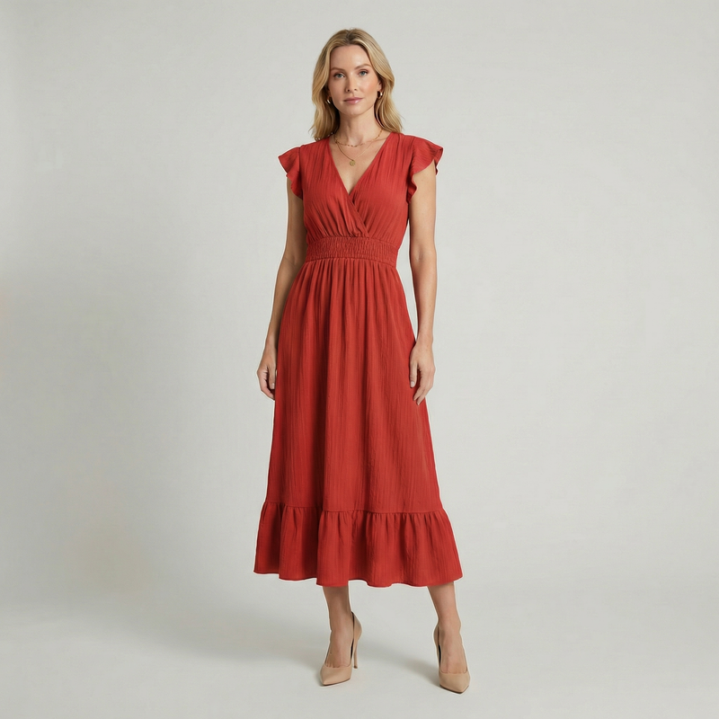 Women’s V-Neck Midi Dress – Shirred Waist Elegant Summer Fit
