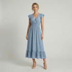 Women’s V-Neck Midi Dress – Shirred Waist Elegant Summer Fit