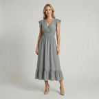 Women’s V-Neck Midi Dress – Shirred Waist Elegant Summer Fit