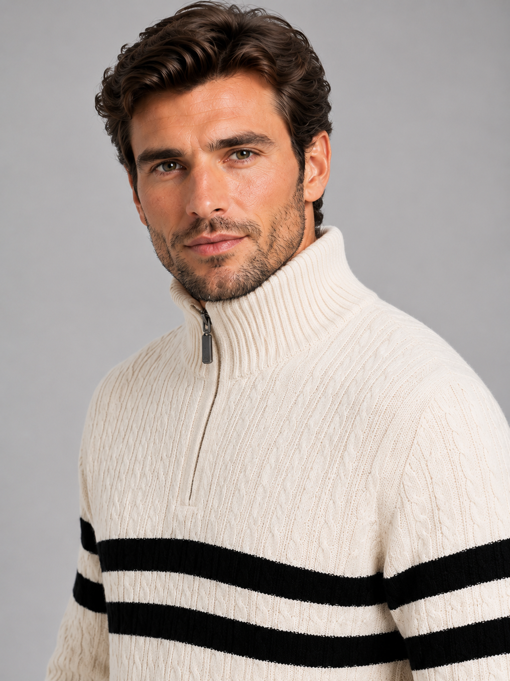 Men’s Wool Cable Knit Half-Zip Jumper – Striped High Neck Pullover