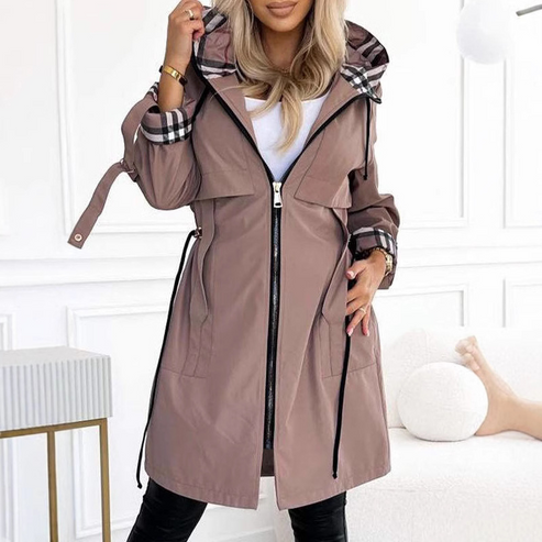 Long Women Jacket with a Drawstring and a Zipper