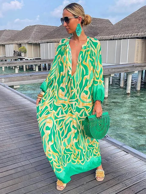 Women’s Boho Print V Neck Long Sleeve Maxi Dress - Klyne Studios