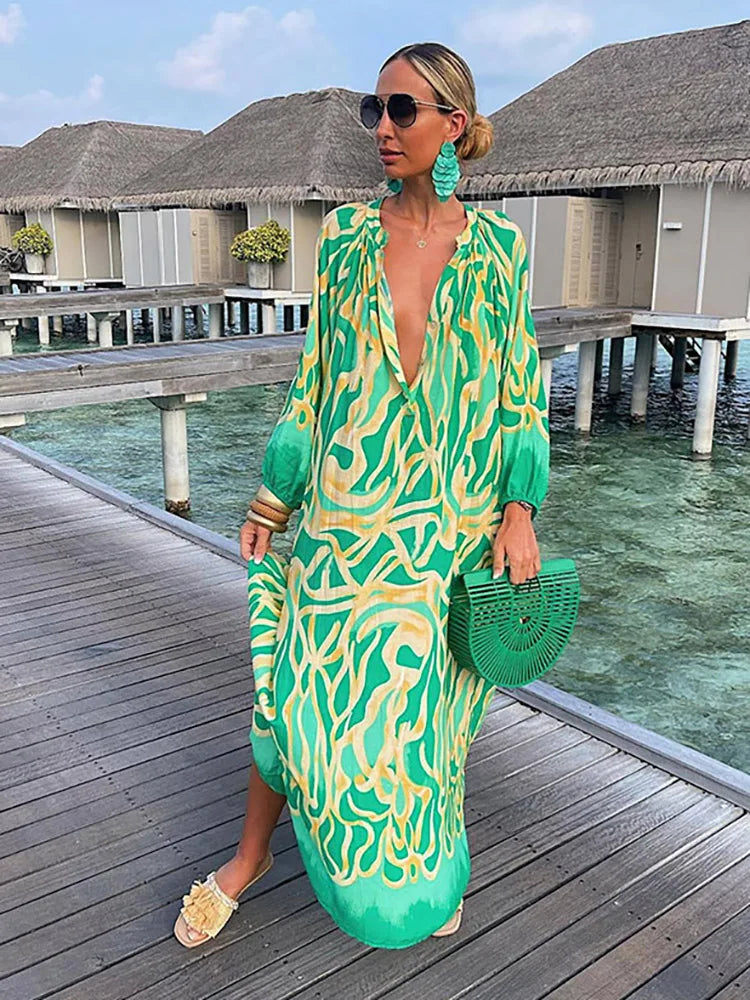 Women’s Boho Print V Neck Long Sleeve Maxi Dress - Klyne Studios