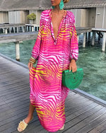 Women’s Boho Print V Neck Long Sleeve Maxi Dress - Klyne Studios