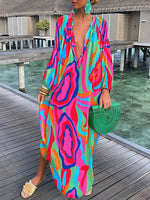 Women’s Boho Print V Neck Long Sleeve Maxi Dress - Klyne Studios